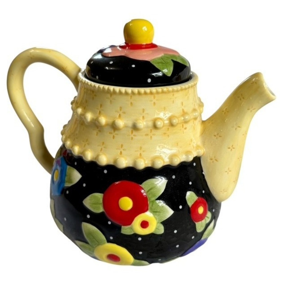 Vintage Mary Engelbreit ME Floral Black Yellow Tea Pot With Lid 2004